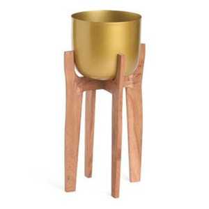 Pot de fleurs en céramique d'intérieur avec support en bois, jardinière moderne minimaliste, porte-plantes décoratif pour le bureau, la maison, la décoration de bureau - Product Image 1