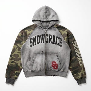 Sweat-shirt à capuche zippé Snow Grace, manches camouflage, coupe ample, vêtements décontractés pour hommes, automne - Product Image 1