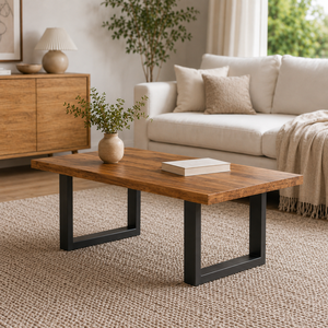 Table basse en bois industrielle avec structure en métal noir, table centrale rectangulaire pour la décoration moderne du salon - Product Image 1