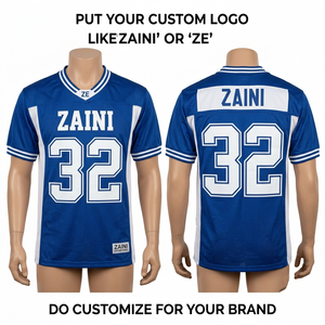 Maillot de football personnalisé bleu et blanc 100% polyester, manches courtes, 220 GSM, empiècements latéraux en mesh, logo imprimé par sublimation sur twill. - Product Image 1