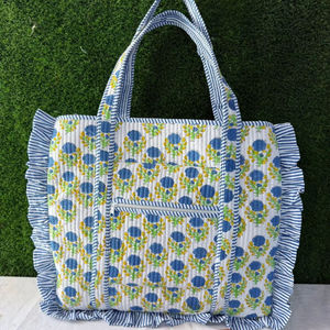 Customized Quilted Cotton Vintage Floral Quilted Large Ruffle Tote <b>Bag</b> Handprinted <b>Boho</b> Shopping <b>Bag</b> for Women - Product Image 3