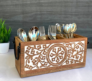 Organisateur de couverts en bois à 3 compartiments avec poignées métalliques, style rustique pour cuisine, vente en gros - Product Image 5
