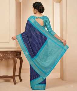 Sari en soie Mysore pour femme, bleu rayé, traditionnel indien, pour occasions festives, longueur au sol, coupe classique, toutes saisons - Product Image 3