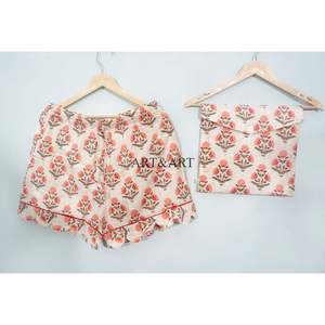 Conjunto de Pijama de Algodón Orgánico Puro, Transpirable, Elegante y de Lujo para Mujer, con Estampado Ikat, Pantalones Cortos, Ropa de Dormir para Verano y Primavera, Vacaciones - Product Image 4