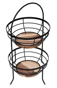 Panier à fruits ovale à 2 niveaux en fil métallique avec poignée arquée et base en bois, finition noire thermolaquée, organisateur de rangement de cuisine - Product Image 3