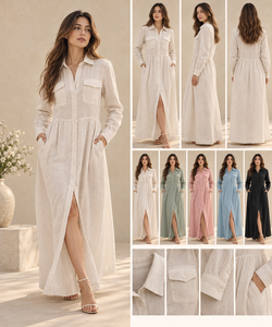 Robe chemise bohème en coton respirant beige à boutons, manches longues, décontractée, avec poches, longueur maxi, fournisseur Alibaba de premier plan, vente en gros - Product Image 3