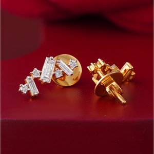 14K Gold <b>Fine</b> <b>Stud</b> <b>Earrings</b> 0.99 CT Baguette Round Lab Grown Diamond Zigzag Design - Product Image 2