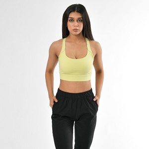 Soutien-gorge de sport respirant sans coutures vert lime, maintien élevé, bande large, encolure dégagée, logo frontal, décoration en maille, brassière d'entraînement pour femme - Product Image 3