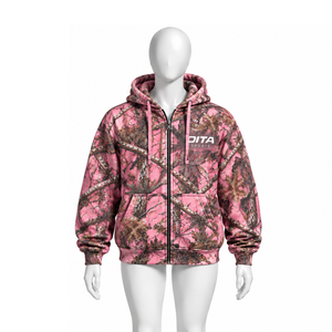 Pink Woodland Print <b>Zip</b> Up <b>Hoodie</b> Mens Outdoor Casual Hooded Sweatshirt with Drawstring Front <b>Pockets</b> Warm Streetwear Jacket - Product Image 1