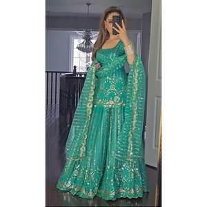 ชุดคุर्ตา/คุर्ติ ผ้าจอร์เจตต์ แต่งลายปักขอบ พร้อมผ้าคลุมไหล่ สีเขียว สำหรับงานแต่งงาน ผู้ใหญ่ - Product Image 1