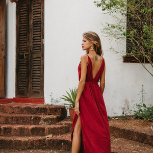 Vestido Maxi Rojo sin Espalda con Cuello Halter y Escote en V, Estilo Diosa, con Flecos de Algodón, para Cóctel de Verano y Fiesta de Graduación - Product Image 3