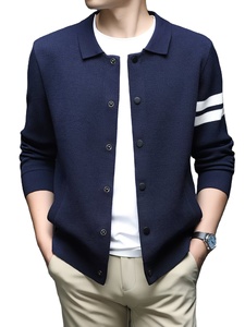 Cardigan d'hiver respirant pour homme, uni, à boutons, à manches longues, col à revers, en maille, avec logo frontal, polyester/coton - Product Image 6