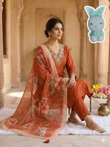 Orange Floral Embroidered Indian Pakistani Clothing Set Long Top Palazzo Pants <b>Shawl</b> for Party <b>Wedding</b> - Product Image 2