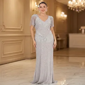 <b>Silver</b> Mermaid <b>Evening</b> <b>Dress</b> Beaded Floral Satin Floor Length Formal Gown for Prom Party - Product Image 1
