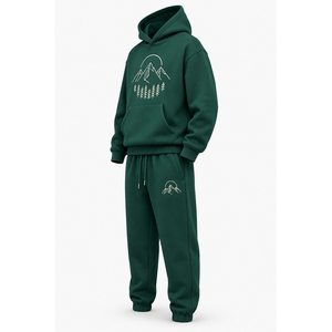 ชุดวอร์มสีเขียวแบบ unisex เสื้อฮู้ดแขนยาวพิมพ์ลายภูเขา กางเกงทรงหลวมแบบมีเชือกผูก เหมาะสำหรับใส่ในฤดูใบไม้ร่วง - Product Image 4