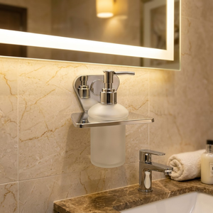 Distributeur de savon liquide en acier inoxydable, support mural pour salle de bain, bouteille à pompe pour lavage des mains en verre dépoli, finition chromée, antirouille - Product Image 2