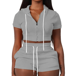 Trendy Custom Women Summer 2Piece Outfit Zip Crop Hoodie Shorts <b>Set</b> Slim Fit 240 GSM Quick Dry Plain Blank Streetwear <b>Sets</b> - Product Image 5