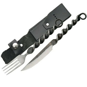 Custom Handmade High Quality Carbon Steel Medieval Look 2-Piece Cutlery Set New Finished Spoon Fork with leather Cover - Product Image 4