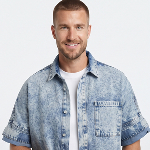 Chemise en jean vintage pour homme, décontractée, respirante, écologique, manches courtes, boutonnée, chemises d'été de haute qualité 220g - Product Image 4
