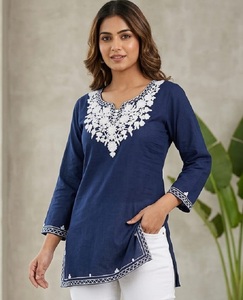 Women Navy Blue Cotton Kurtis With White Embroidery Traditional Loose Fit Midi <b>Top</b> For Casual Wear India Pakistan Style Tunic - Product Image 1