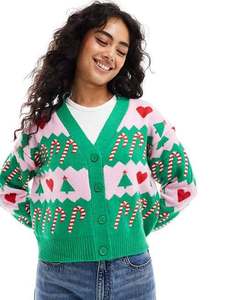 Cardigan en tricot jacquard pour femme, motif canne à sucre de Noël, col en V, boutonné, pull d'hiver pour les fêtes - Product Image 1