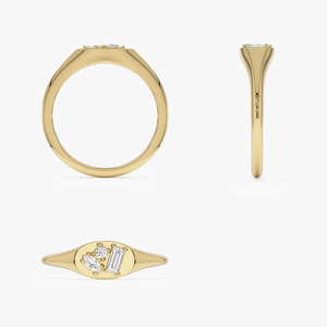 Bague signet de luxe en or jaune 14K/18K avec diamants multiformes, bande en grappe, bijou moderne unique et audacieux, bague de fiançailles unique - Product Image 4