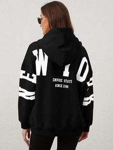 Sudadera con Capucha Negra Unisex con Estampado NY Blanco, Corte Regular, Ropa Casual de Invierno, 100% Algodón Felpa, Estilo Urbano - Product Image 3