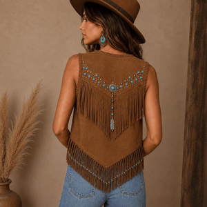 Chaleco sin Mangas de Cuero Genuino para Mujer, con Flecos, Cierre de un Botón, Cuello en V, Estilo Vintage, Ecológico, Resistente al Viento y Transpirable, de Algodón - Product Image 6