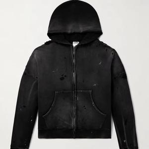 Sudadera con capucha térmica para hombre, hecha a medida, estilo vintage, con hombros caídos, lavado ácido, desgastada, con parches, corte y costura, con cremallera - Fabricante de ropa - Product Image 1