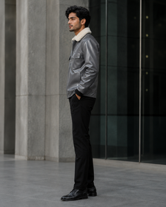 Veste en cuir PU pour homme avec col en fausse fourrure, fermeture éclair, vêtement d'hiver, coupe classique, couleur unie - Product Image 6
