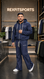 REXFIT SPORTS 2026 Custom Navy <b>Nylon</b> <b>Tracksuit</b> <b>Men</b> Hooded Zip Up Jacket Wide Leg Pants Two Piece Sportswear Set Custom Logo - Product Image 4
