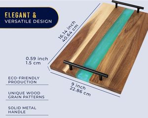 Blue Resin + Acacia Wood Serving Board with Handles - 16x9 Serving Tray for Food, Breakfast in Bed, <b>Coffee</b> <b>Table</b>, Decor, - Product Image 3