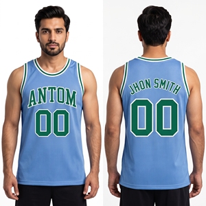 Maillot de basket bleu ciel personnalisé en mesh, débardeur sans manches, numéros verts, lettrage blanc, thermocollé - Product Image 1