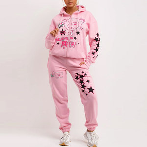 Ensemble de survêtement rose à capuche pour femme avec imprimé ours et étoiles, fermeture éclair sur toute la longueur, vêtements de sport décontractés - Product Image 1