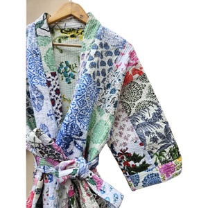 Batas de algodón ligeras para mujer, de manga corta de punto Kimono, albornoz elegante Vintage Patchwork, ropa de descanso suave de primavera para verano - Product Image 3