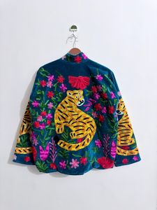 Handmade Festival <b>Wedding</b> Coat Velvet Embroidered Tiger <b>Jacket</b> Mandarin Collar Boho Loose Fit Full Sleeve Handmade Floral - Product Image 1