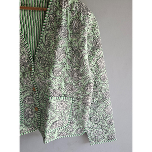 Green Floral <b>Kantha</b> Quilted Cotton <b>Jacket</b> Women V-Neck Button Front Short Coat Festival Wear gift for her - Product Image 3