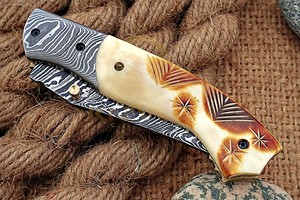 Damascus Steel Drop Point Folding <b>Knife</b> With <b>Bone</b> <b>Handle</b> And Thumb Knob Pocket <b>Knife</b> For Hunting Outdoor Use - Product Image 5