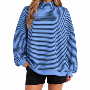 Cozy <b>Women</b> Striped Oversized Mockneck Sweatshirt Drop Shoulder Ribbed Trim <b>Top</b> Custom Logo Printing OEM Service - Product Image 1