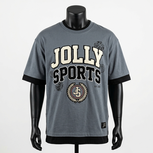 เสื้อยืดคอตตอนคุณภาพสูง 220 GSM สีเทา สำหรับผู้ชาย ดีไซน์ลายปักแบบสองชั้น แขนเสื้อสองชั้น - Product Image 1