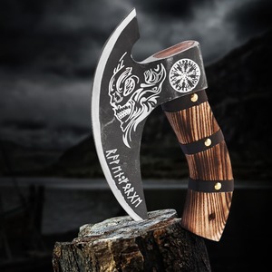 Viking Style Tomahawk <b>Axe</b> Forged Steel Blade Wood <b>Handle</b> Survival Hatchet with Carved Dragon Design and Runes - Product Image 1