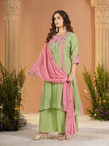 Green Pink Embroidered Silk Straight <b>Kurta</b> With Palazzo Pants And Dupatta For <b>Women</b> - Product Image 4