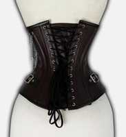 Corset sous-poitrine en cuir marron foncé pour femme avec fermeture à agrafes et crochets argentés, contrôle ferme, chaîne et boucle métalliques latérales