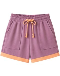 Purple Women Lounge Set Peach Contrast <b>Trim</b> Short Sleeve T Shirt And Shorts Two Piece Outfit Soft Breathable Cotton Blend Set - Product Image 2