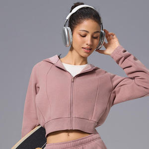 Chaqueta deportiva corta con capucha para mujer, con cremallera y terciopelo, ropa de gimnasio, informal, de manga larga, para yoga, otoño-invierno - Product Image 1