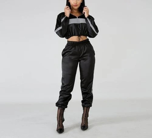 Wholesale <b>Women</b> Casual Reflective Eco-Friendly Tracksuit 2 Piece Crop Windbreaker <b>Jacket</b> Jogger Pants Set Night Running - Product Image 2