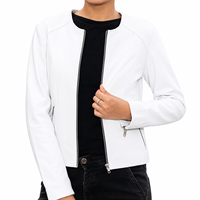 Blouson moto en peau de mouton véritable blanc pour femme, manches longues, fermeture éclair, col rond, décontracté, couleur unie, coupe classique, automne