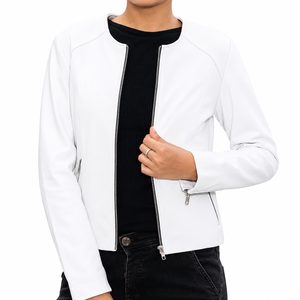 Blouson moto en peau de mouton véritable blanc pour femme, manches longues, fermeture éclair, col rond, décontracté, couleur unie, coupe classique, automne - Product Image 5