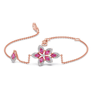 Bracelet en diamants à motif floral rose avec chaîne en or rose et design central à pétales superposés - Product Image 1