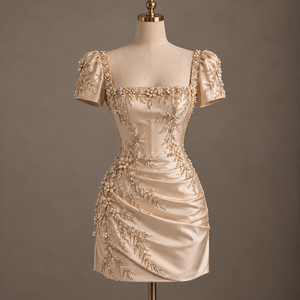 Robe de soirée en satin champagne, col carré, mini-robe plissée, robe de cocktail sans manches à fleurs perlées - Product Image 1